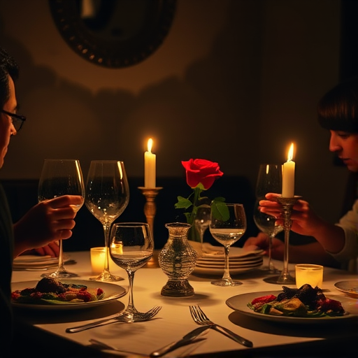 Low-light, intimate scene of a candlelit dinner for two, soft glow from the candles reflecting off wine glasses, plates of beautifully arranged food, a single red rose in a vase at the center of the table, shadows flickering on the walls from the candlelight, soft murmurs of conversation.