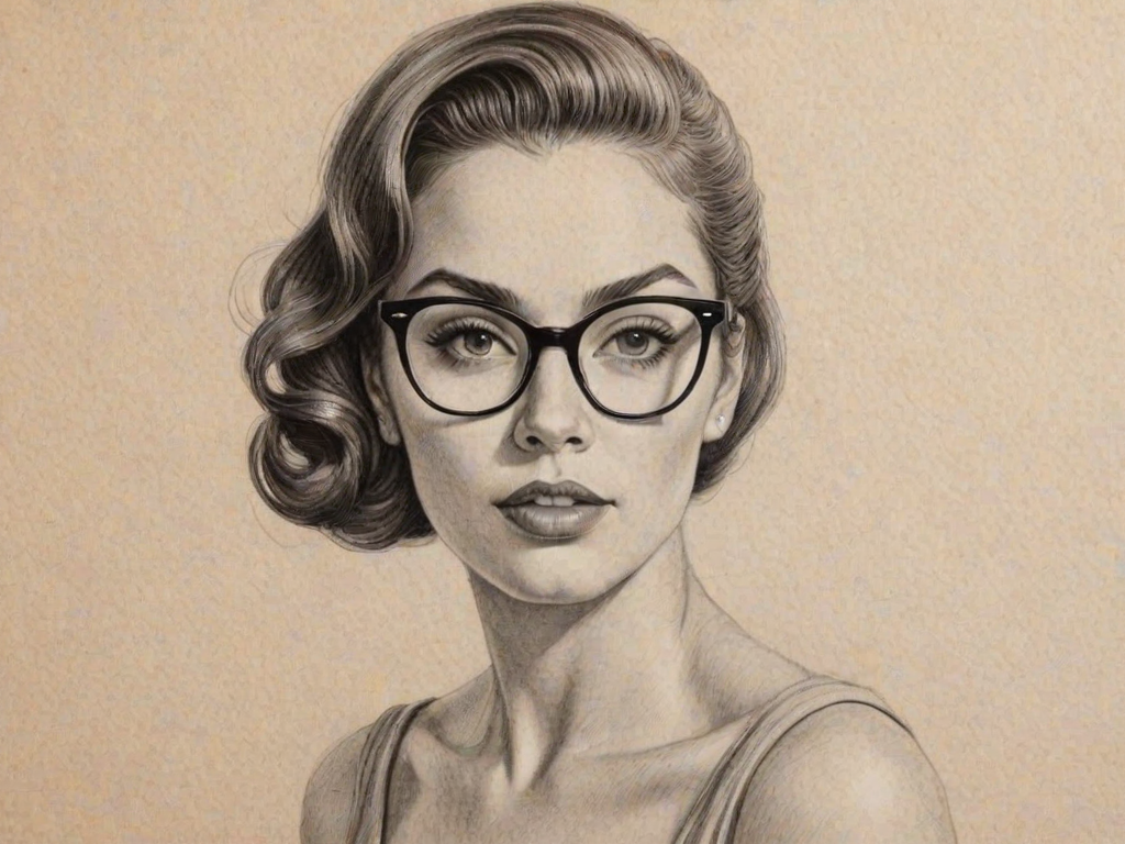 Enticing Jessica Marie Garcia, pencil sketch, portrait of Magnificent woman 1957s in glasses, hair style beatnik, outline, clear lines, fine lines, 8k