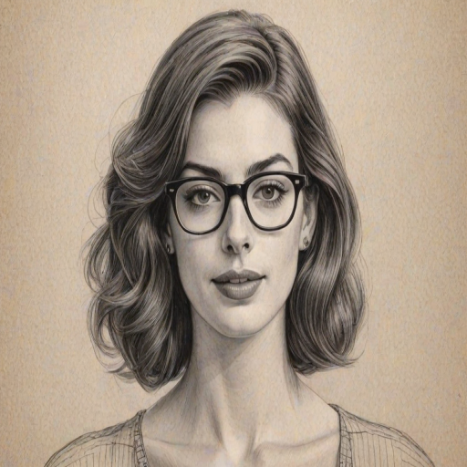 Enticing Anne Hathaway, pencil sketch, portrait of Enchanting woman 1947s in glasses, hair style beatnik, outline, clear lines, fine lines, 8k