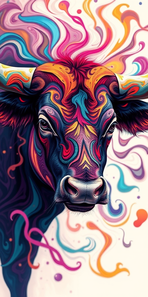 Create a vibrant, abstract illustration of a bull with swirling patterns and colors, shot using a Canon EOS R5, 50mm lens, f/1.8 aperture, ISO 100, in soft natural light with a focus on intricate details and high contrast.