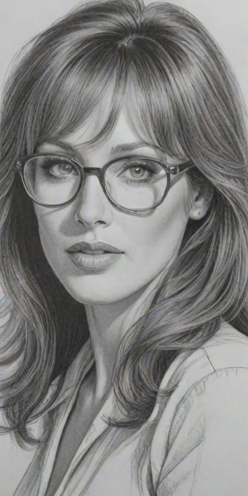 Stunning Tanya Roberts, pencil sketch, portrait of Fascinating woman 1947s in glasses, hair style beatnik, outline, clear lines, fine lines, 8k