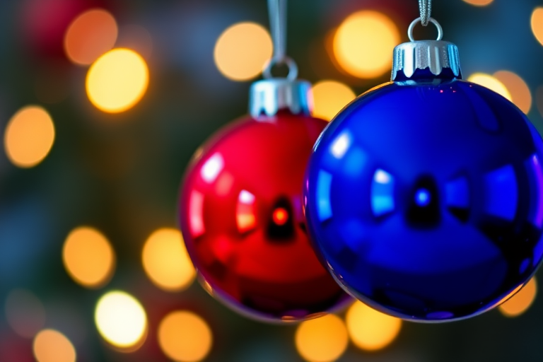 Create an image of three glossy Christmas ornaments in blue, red, and purple with a bokeh background of warm lights, using a DSLR camera with a 50mm f/1.8 lens, ISO 100, aperture f/2.8, and a shallow depth of field to enhance detail and color vibrancy.