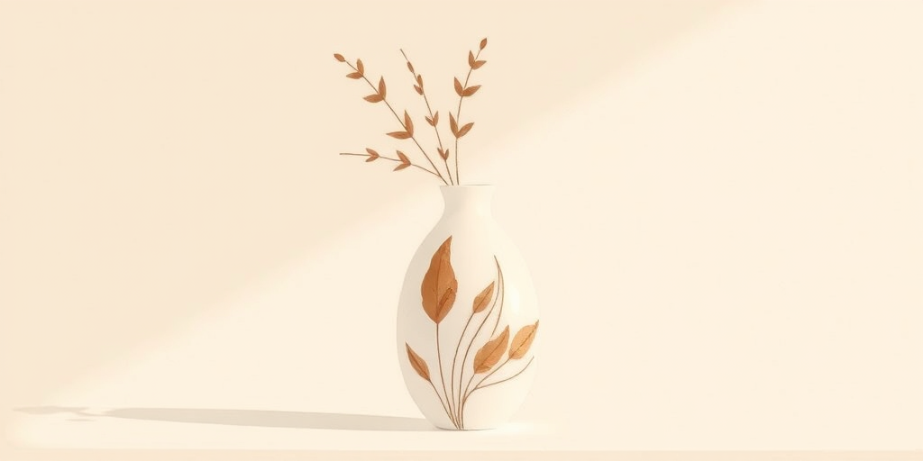 Create a high-resolution digital illustration of a minimalist vase with abstract designs, featuring stylized leaves and grasses, soft earthy color palette, shot with a DSLR camera, 50mm lens, f/2.8 aperture, 1/125s shutter speed, natural light, and a shallow depth of field for enhanced detail and clarity.