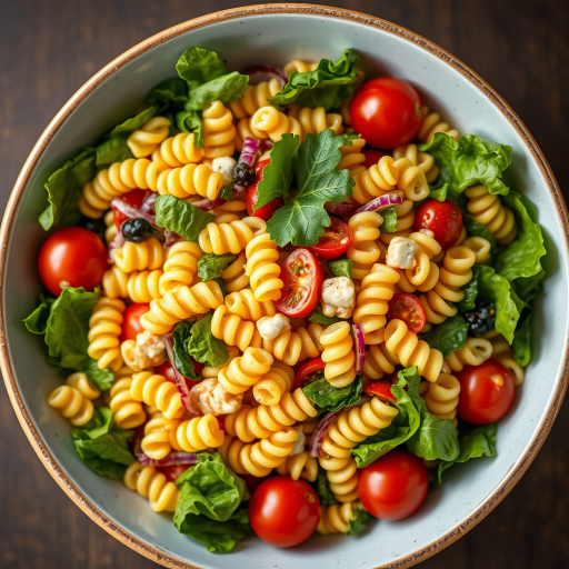 a vibrant bowl of mixed salad with colorful spiral pasta, fresh greens, cherry tomatoes, and a light dressing, shot with a Canon EOS R5, 50mm lens, aperture f/2.8, ISO 200, natural lighting, top-down view for sharp detail and vivid colors
