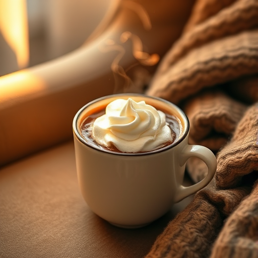 Warmly lit, close-up photo of a steaming cup of hot chocolate topped with whipped cream, soft golden light reflecting off the rich brown liquid, with a cozy blanket draped over the arm of a nearby chair.