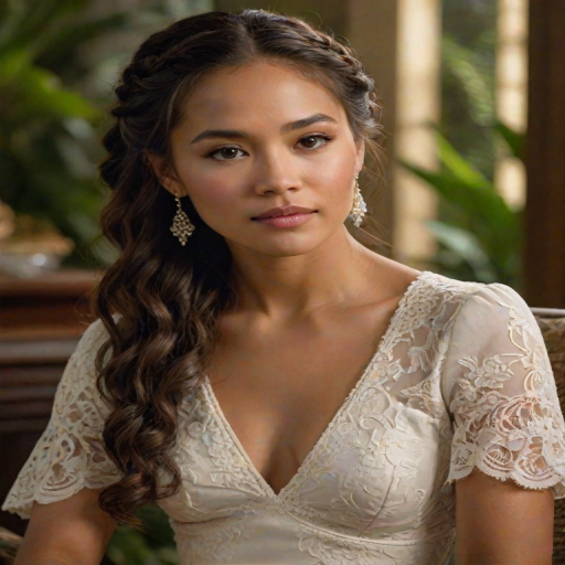 Create a portrait of a refined and elegant Hawaiian woman seated in a sophisticated setting. She has long, wavy hair styled in two thick braids that are pulled over her shoulders. She wears a white, lace gown with intricate patterns, featuring a deep V-neckline and short sleeves. The dress exudes a vintage charm with its delicate lacework. She is adorned with ornate, dangling earrings that add a touch of glamour to her appearance. The background is softly lit, with warm, ambient lighting that creates a cozy and inviting atmosphere. Her expression is poised and serene, capturing a sense of grace and elegance.