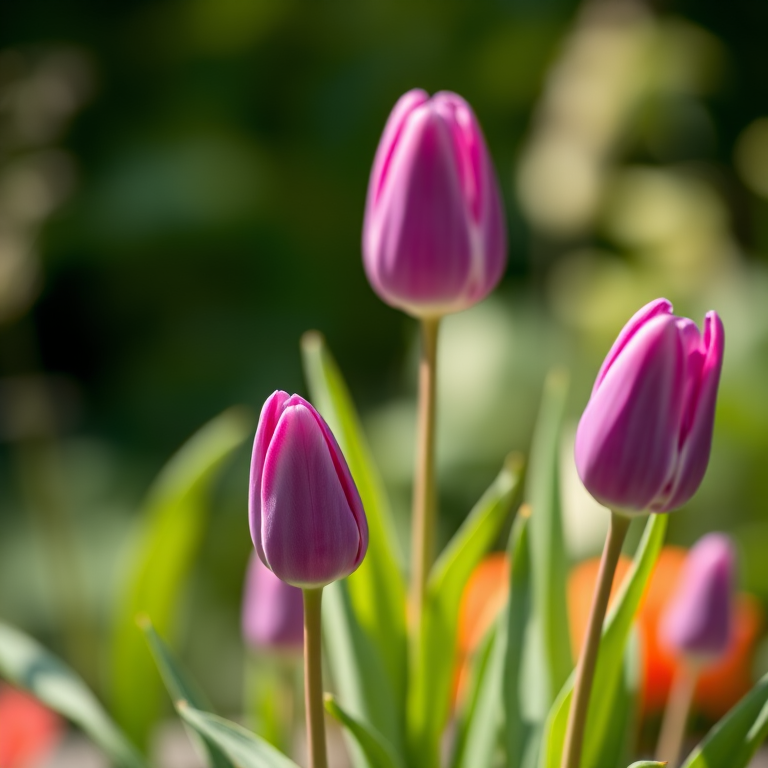 photograph of vibrant purple tulips with soft green leaves in a blurred background, macro focus, f/2.8 aperture, 50mm lens, ISO 100, natural light, shallow depth of field