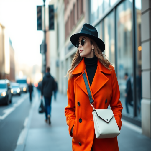 stylish woman in a vibrant orange coat and black hat walking confidently down a city street, natural light, 50mm lens, f/1.8 aperture, ISO 100, shallow depth of field, DSLR camera