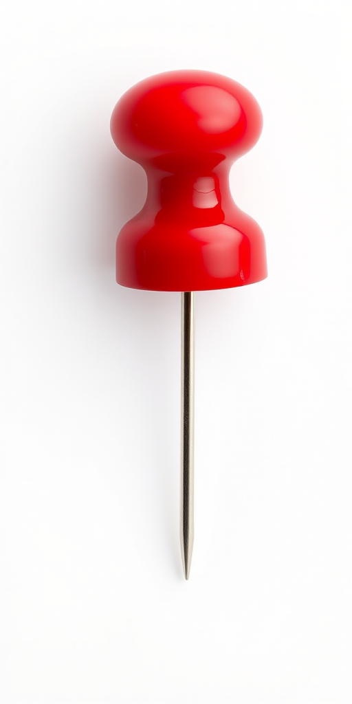Create a detailed digital rendering of a red pushpin with a glossy finish against a plain white background, using a DSLR camera with a 50mm lens, aperture set to f/2.8 for shallow depth of field, and a 1/125s shutter speed to capture sharp details, shot in natural light for enhanced color vibrancy and texture.