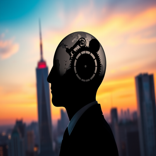 Create an image of a faceless businessperson silhouette against a city skyline during twilight, with a globe and clock gears integrated into the head, using a DSLR camera with a 50mm lens, aperture f/1.8, ISO 100, and a shallow depth of field for a blurred background effect.