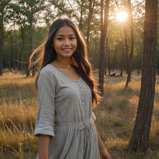 ultrarealistic, beautiful filipino woman, Indian pirouette on her head, gray hair, long straight hair, the sun gently illuminates her hair. Ultrarealistic skin, stands in the meadow, 1 girl, age - about 25 years old, swarthy complexion, ultrarealistic skin, smiles gently, stands near the campfire. She looks sexy