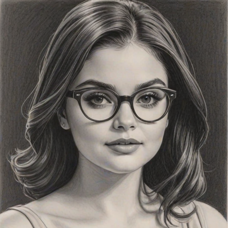 Exquisite Ariel Winter, pencil sketch, portrait of Gorgeous woman 1958s in glasses, hair style beatnik, outline, clear lines, fine lines, 8k