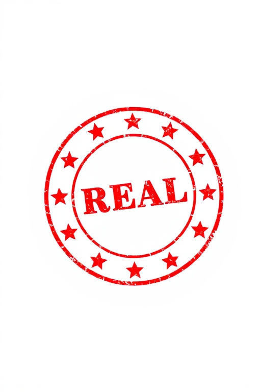 Create a high-resolution graphic of a circular stamp with the word REAL in bold red letters at the center, surrounded by a ring of stars, using a DSLR camera with a 50mm lens, aperture set to f/8, ISO 100, and ensure a clear focus with a shallow depth of field for a professional look.