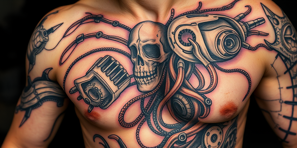 Biomechanical tattoo style known as "Cyborg Evolution" merging organic forms with mechanical components to create the illusion of exposed robotic parts beneath the skin