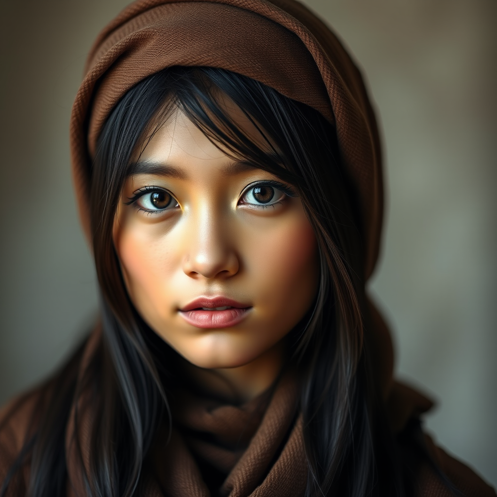 Create a portrait of a young Mongolian female with long, dark hair and captivating hazel eyes. She is wearing a brown headscarf and a matching scarf draped gracefully around her neck. The background is softly blurred, focusing attention on her serene and natural expression. The overall color palette is muted and warm, enhancing the intimate and authentic feel of the portrait.