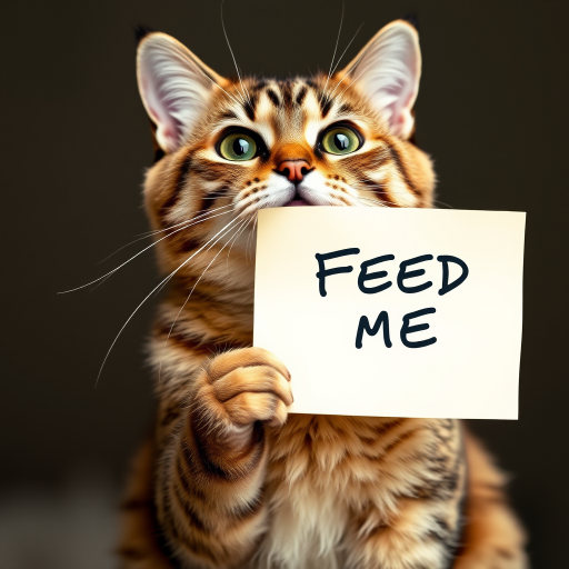 cat holding a note which says "FEED ME"