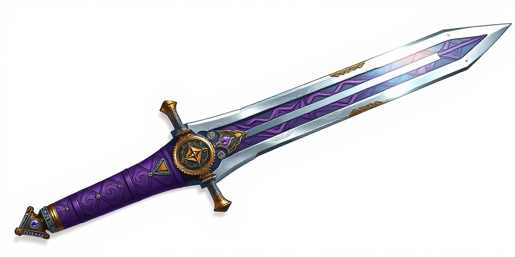 Create a highly detailed illustration of a sword with a purple handle and intricate designs, with a focus on the blade's sharpness and texture, using a DSLR camera at f/2.8, 35mm lens, ISO 100, and natural lighting.