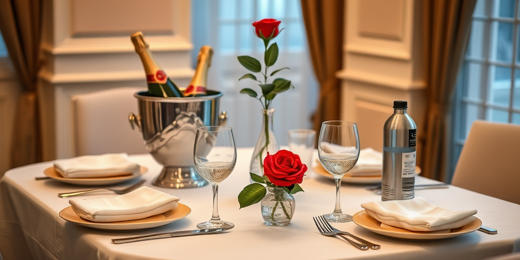 Generate a high-quality image of a beautifully set dining table with four place settings, a silver ice bucket with champagne bottles, a single rose in a vase, and a water bottle, using a DSLR camera with a 50mm lens at f/2.8, ISO 100, and a soft-focus background to enhance the warm ambiance.