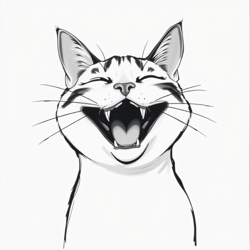 Abstract black and white acrylic portrait of an over exaggerated laughing (cat). Minimalism style. White background.