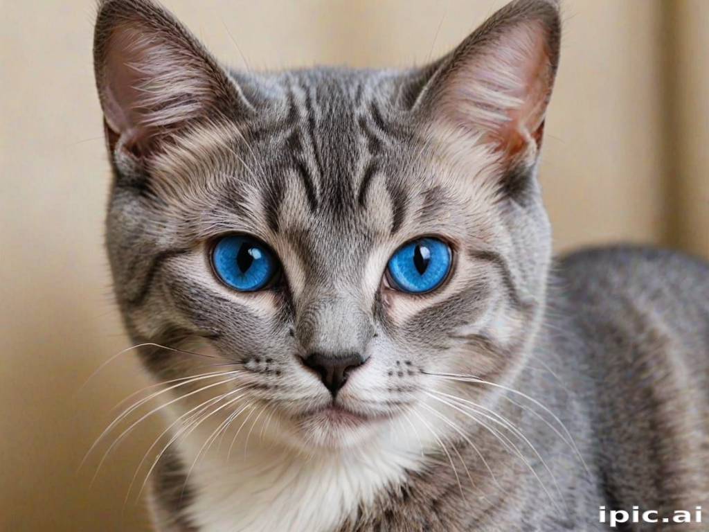 Close-Up Portrait of a Beautiful Grey Cat with Striking Blue Eyes