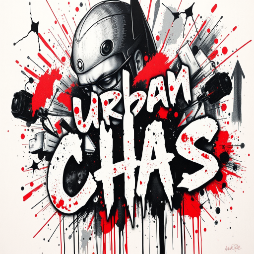 Trash polka tattoo titled "Urban Chaos" combining realistic black and gray elements with abstract red splashes and typography, creating a dynamic and edgy composition