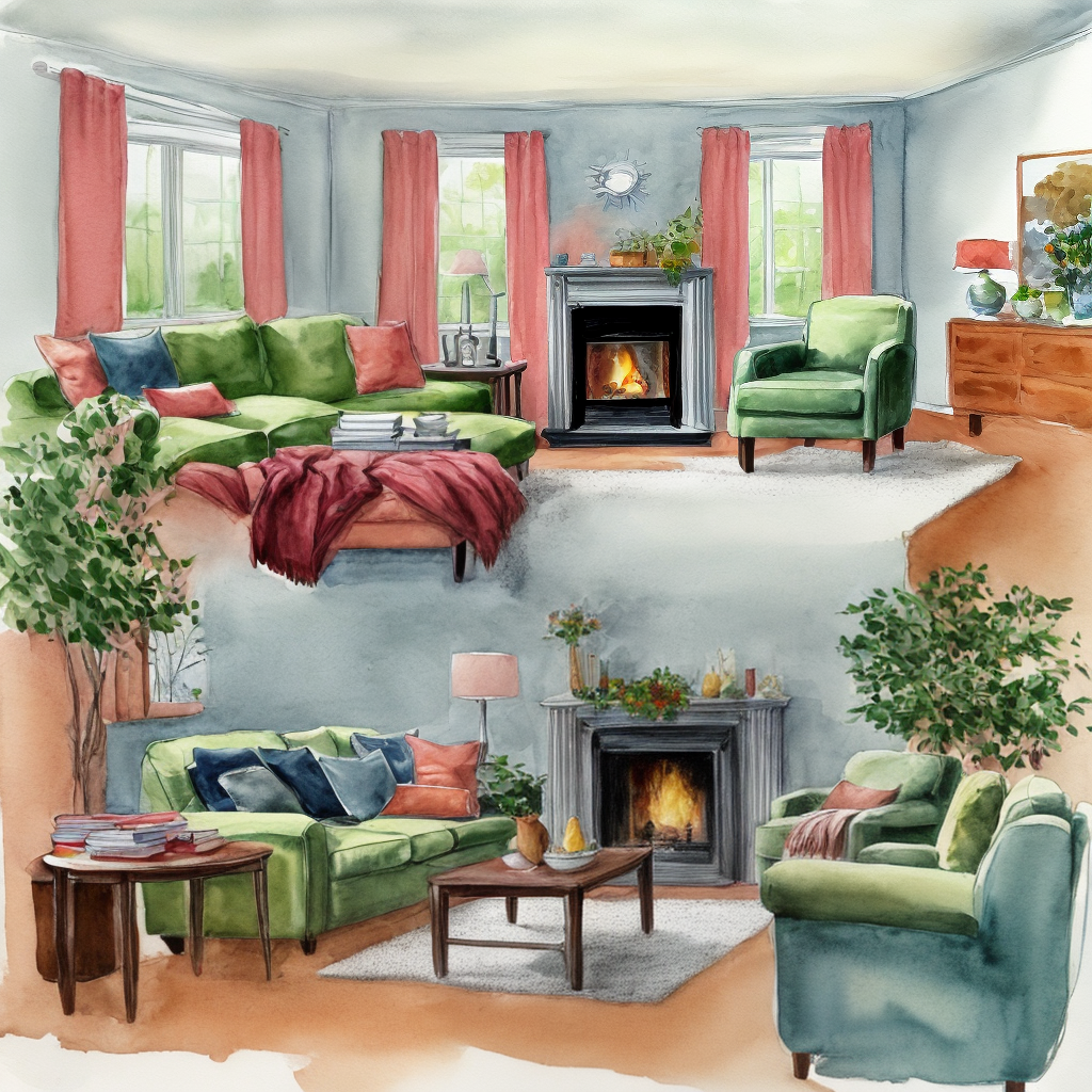 cozy watercolor of home interior with one fireplace and chimney, coffee ...