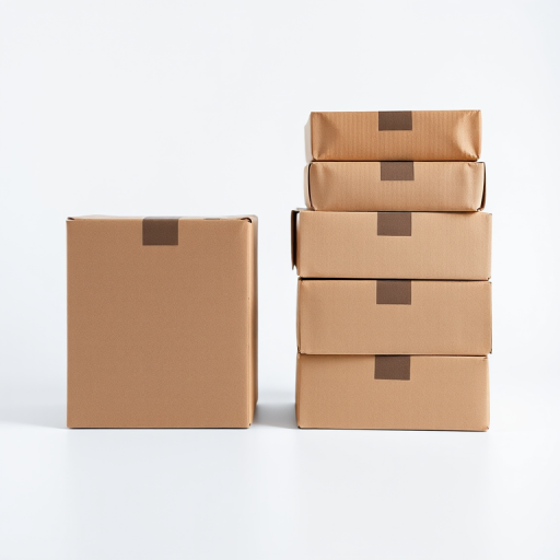 Create a high-resolution image of two cardboard boxes, one on the left and one on the right, with the first box slightly larger and worn, and the second box neatly stacked; use a DSLR camera with a 50mm lens at f/2.8 for a shallow depth of field, ISO 100, and a 1/60 shutter speed, capturing the scene from a slightly elevated angle to show details and textures clearly.