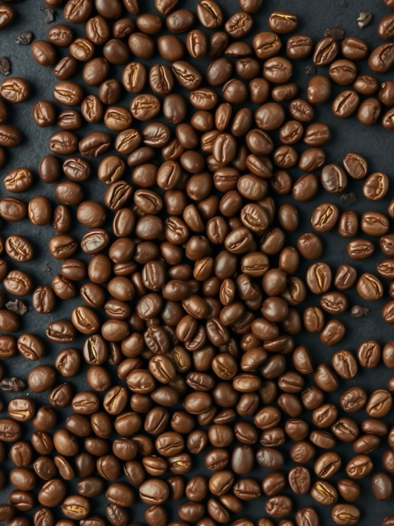 regenerate an image of a large coffee bean shape formed by various coffee beans scattered across a dark background, taken with a DSLR camera at f/2.8 aperture, ISO 100, with a shallow depth of field and a top-down view to enhance texture and detail.