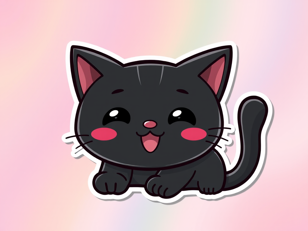 this image is a kawaii Beaming black cat sticker, 3d digital art, colorful background, sticker line weight