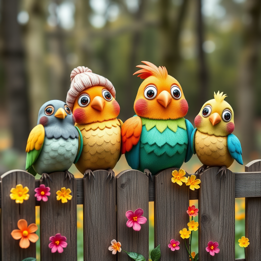 create a scene of 4 quirky  whimsical colourful comical birds each with a funny expression. they are sat on a wooden fence with colourful flowers. they are all different sizes. each one is a different colour  one is wearing a woolly hat. Each one has a different quirky google expression and there is a muted background of trees watercolour paintierly style high definition 8k resolution 3D paper mache