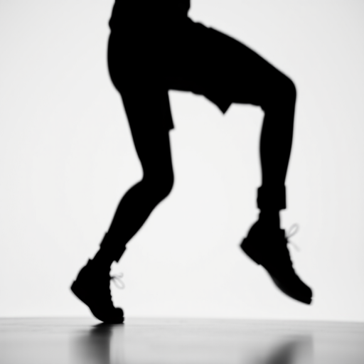 Create a high-resolution image of a stylized black silhouette of a person in a dynamic pose against a plain white background, captured with a Canon EOS R5 at f/2.8, 1/500 sec, ISO 100, using a standard 50mm lens from a slightly low angle to emphasize motion and depth.