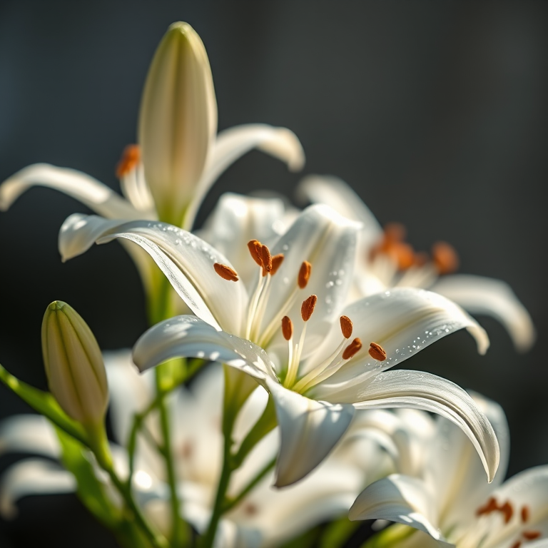 Regenerate a high-resolution image of sparkling white lilies illuminated with soft backlighting, using a DSLR camera with an aperture of f/2.8, shutter speed of 1/125s, ISO 200, macro view, and a shallow depth of field to enhance details and bokeh effect.
