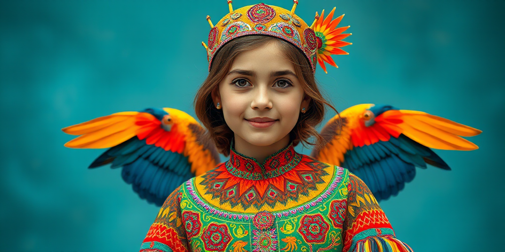 A beautiful Turkish girl, wearing colorful bird clothing with vibrant colors