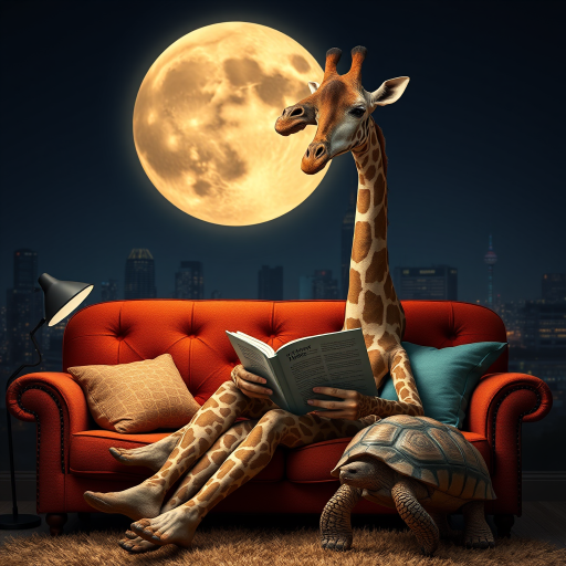 A whimsical scene of a giraffe reading a book on a couch with a tortoise nearby, with a large moon backdrop and a city skyline, taken with a Canon EOS R5, 50mm lens, f/1.8, ISO 100, 1/125s, soft lighting for enhanced details and colors.