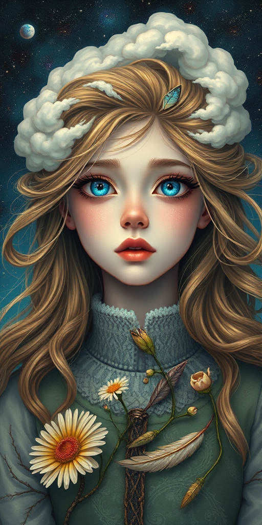 Create a series of imaginative portraits where each subject is infused with elements of fantasy and nature. The hair of the individuals should flow like clouds, varying from soft, fluffy cumulus to wispy cirrus strands, with hints of color reflecting a sunset or a clear blue sky. The eyes should be windows to entire galaxies, with stars, nebulae, and distant planets visible within them. Clothing should be adorned with nature motifs, such as floral patterns that bloom and change, vines that seem to grow and wrap around, or feathers that shimmer with iridescence. Each portrait should capture a unique personality, blending human features with the ethereal beauty of the natural and cosmic world. The backgrounds can vary, from starry night skies to enchanted forests, adding depth and context to the magical realism of the portraits