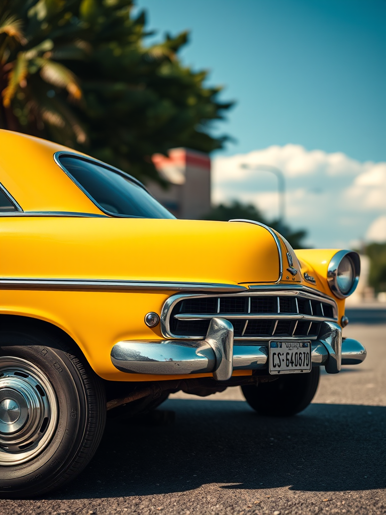 Create a vintage style photograph of a classic yellow car, side view, daytime, with an aperture of f/8, shutter speed of 1/500s, ISO 200, using a DSLR camera with a 50mm lens.
