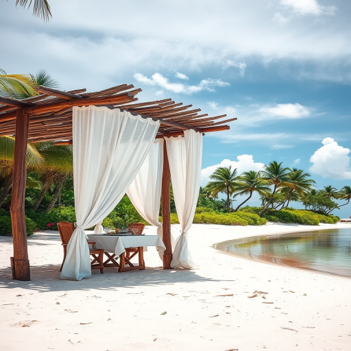 Create a picturesque tropical beach scene featuring a serene, white sandy shore. In the foreground, there's a rustic wooden canopy with white drapes gently flowing in the breeze. Underneath the canopy, a table is set with tropical decor, evoking a sense of relaxation and leisure. The beach extends into a calm, shallow water area with reflections of the sky and surroundings. Palm trees and lush greenery line the edge of the beach, providing a natural, tropical backdrop. The sky is clear with a few scattered clouds, and the overall atmosphere is tranquil and inviting, perfect for a peaceful retreat.