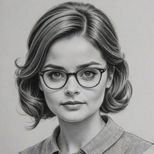 Magnificent Jenna-Louise Coleman, pencil sketch, portrait of Fascinating woman 1958s in glasses, hair style beatnik, outline, clear lines, fine lines, 8k