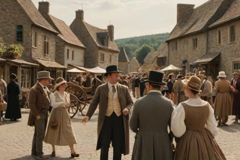 Historical reenactment, featuring men and women dressed in period clothing, engaging in lively conversation and traditional crafts at a picturesque village square, with vintage decorations surrounding them.