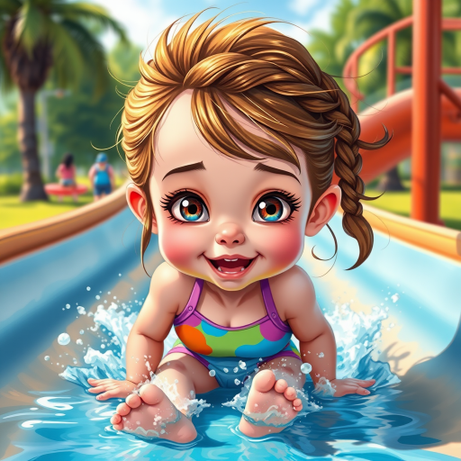 A sassy caricature toddler girl with medium highlighted hair in a messy braid, light eyes, fluffy long lashes, silly funny faces, wearing a colorful swimsuit, going down a waterslide face first, lots of water, created in highlighted chalk style, vibrant colors, background is a park with acrylic paint, airbrush