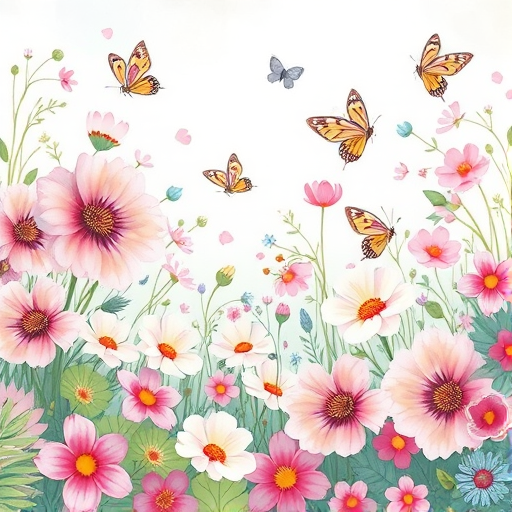generate a whimsical floral illustration with colorful flowers in shades of pink, green, and blue, surrounded by butterflies, capturing a soft pastel aesthetic, shot with a Canon EOS R5 at f/2.8, 1/200s, ISO 100, in a bright and airy view with a slight overexposure effect for a dreamy look.