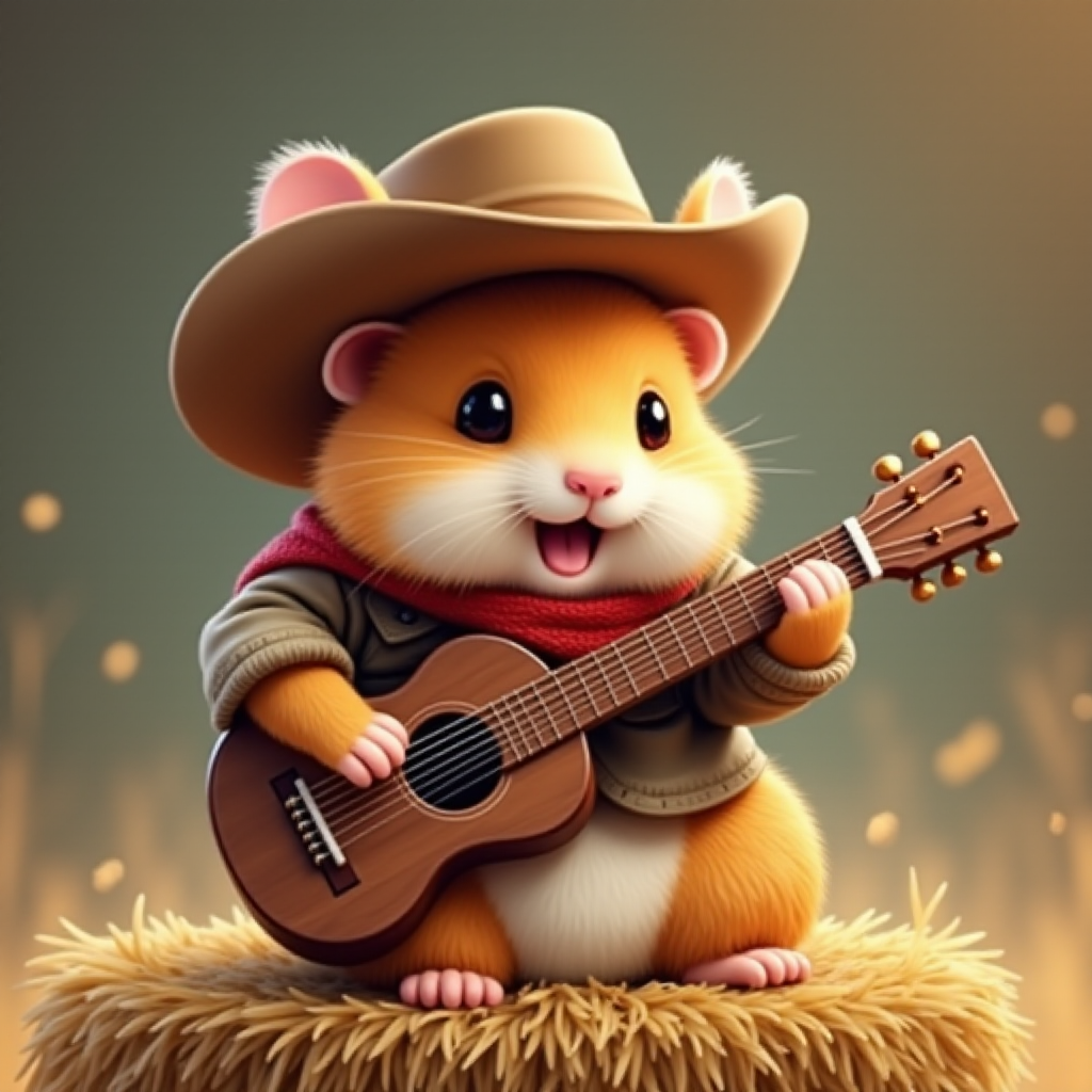 A chibi hamster, dressed as a cowboy, playing guitar, sitting on a hay bale