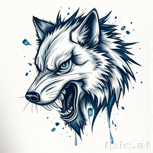 Dramatic "Sketch Style Wolf" tattoo brings a fierce predator to life through bold, expressive linework. Raw, unfinished edges and dynamic shading create a sense of movement and energy, while splashes of deep blue and silver add a touch of mystery. This powerful and artistic piece showcases the beauty of imperfection and the raw essence of nature.