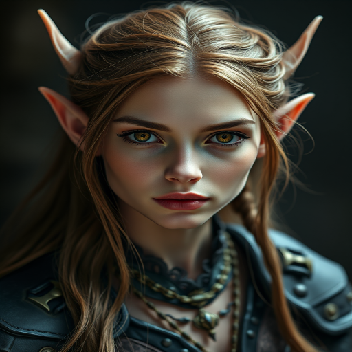 Create a highly detailed portrait of a fantasy female elf with long brown hair and pointed ears, expressive orange eyes, wearing intricate dark armor and a delicate necklace, with soft, dramatic lighting and a blurred dark background, using a Canon EOS R5 camera with a 50mm f/1.2 lens, aperture set to f/1.2, ISO 100, and shutter speed of 1/200s for optimal depth and clarity.
