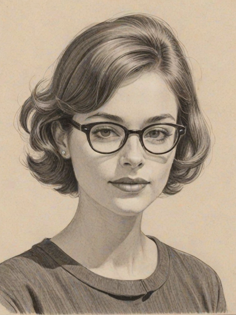 Superb Dominique Fishback, pencil sketch, portrait of Lovely woman 1959s in glasses, hair style beatnik, outline, clear lines, fine lines, 8k