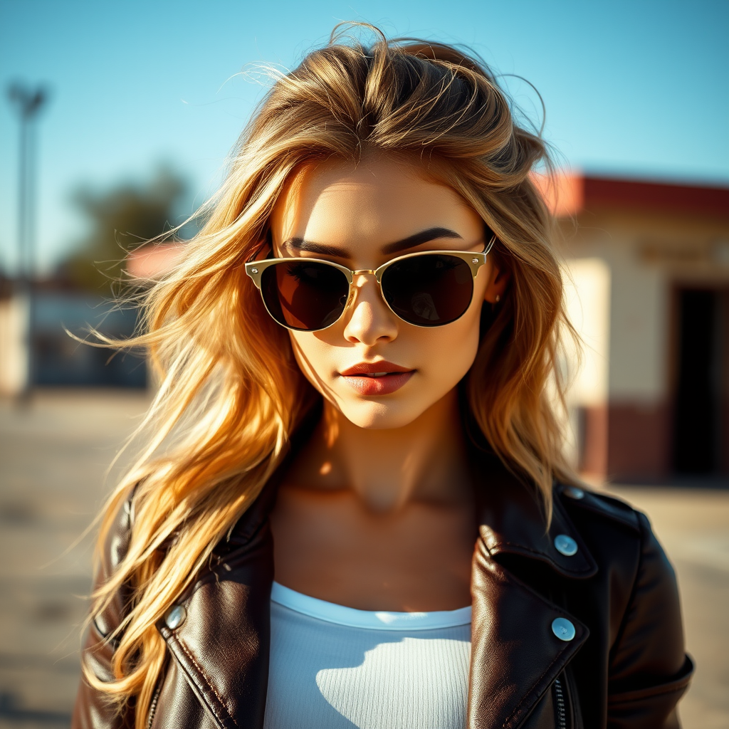 Outdoor shot, stunning female model, vintage leather jacket, sunglasses, cinematic effect, Position the camera at the model’s eye level using a 35mm f/1.4 lens