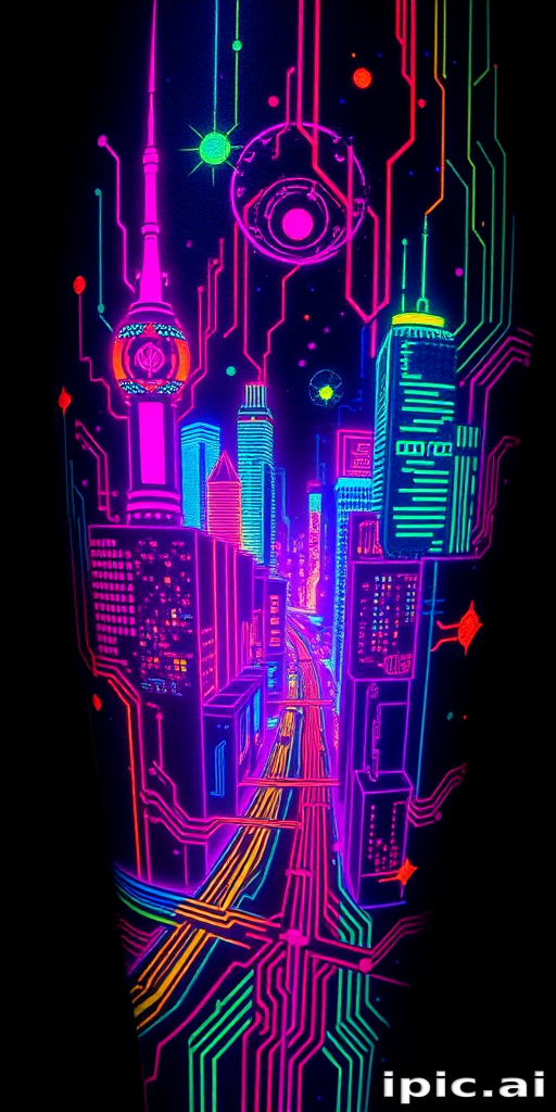 Cyberpunk neon tattoo depicting a futuristic cityscape with glowing circuit board patterns, rendered in vibrant fluorescent inks for a mesmerizing effect under blacklight