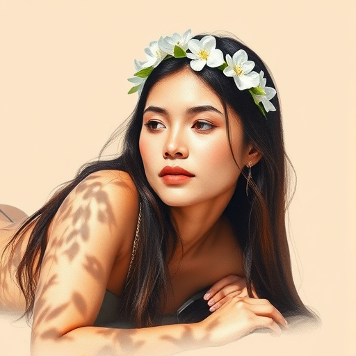 create a watercolor painting of an ethereal portrait of beautiful First Nations woman with a simple white flower crown on her head. Her hair is long and she is lying on the ground. The sunlight on the trees casts shadows from the leaves on her face and body. The background is a neutral brown color that matches her skin tone. The image is minimalist and solid colors. This style is characterized by soft, delicate brushstrokes and a light, airy, contrasting color palette. High level of detail and play of light