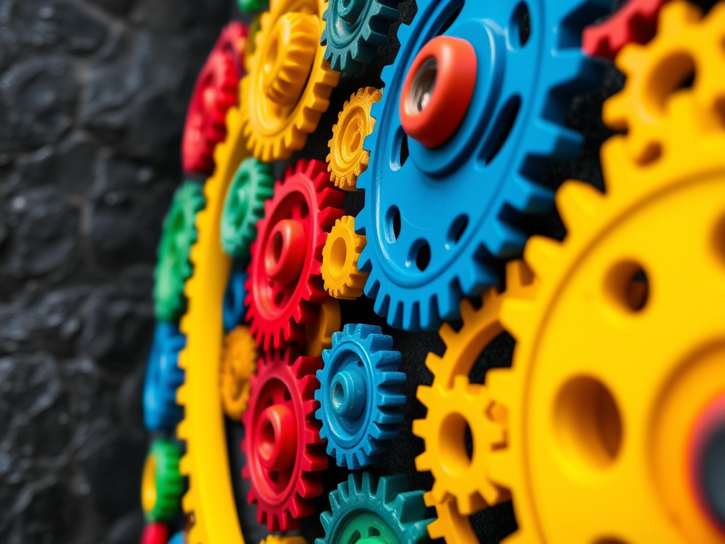 create an image of a colorful gear wall with various sizes of gears in vibrant colors like yellow, blue, red, and green against a dark stone background, using a Nikon D850 camera, f/8 aperture, 24mm lens, and a low-angle perspective to enhance depth and detail