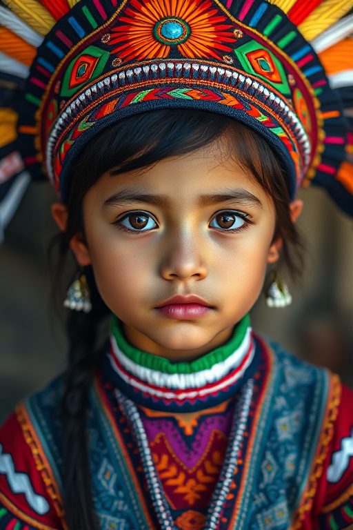 portrait of a young girl wearing a colorful indigenous headdress and traditional attire with intricate patterns, soft natural lighting, focus on eyes, shot with a Canon EOS R5 at f/1.8, 50mm lens, ISO 100, 1/200s, vibrant background effects